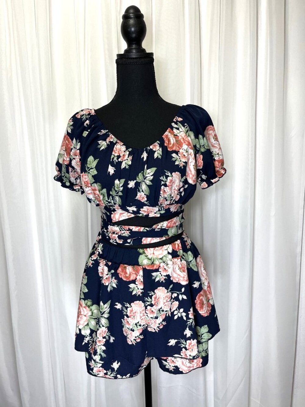 Shein Two Piece Set Crop Top Mini Skirt Skort Women 4 Blue Pink Floral Wrap Tie